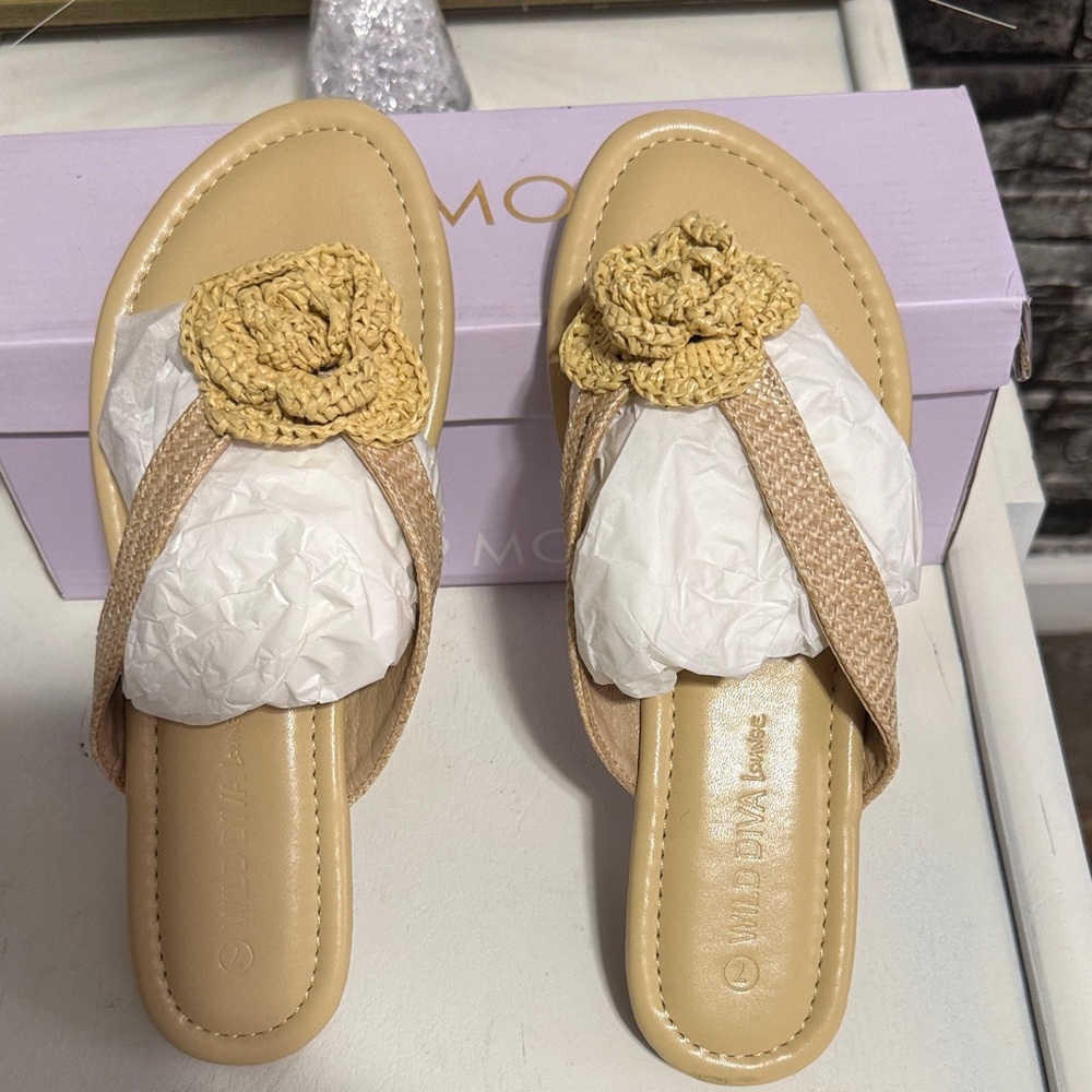 Wild Diva Lounge Beige Crochet Flower Thong Sandals
